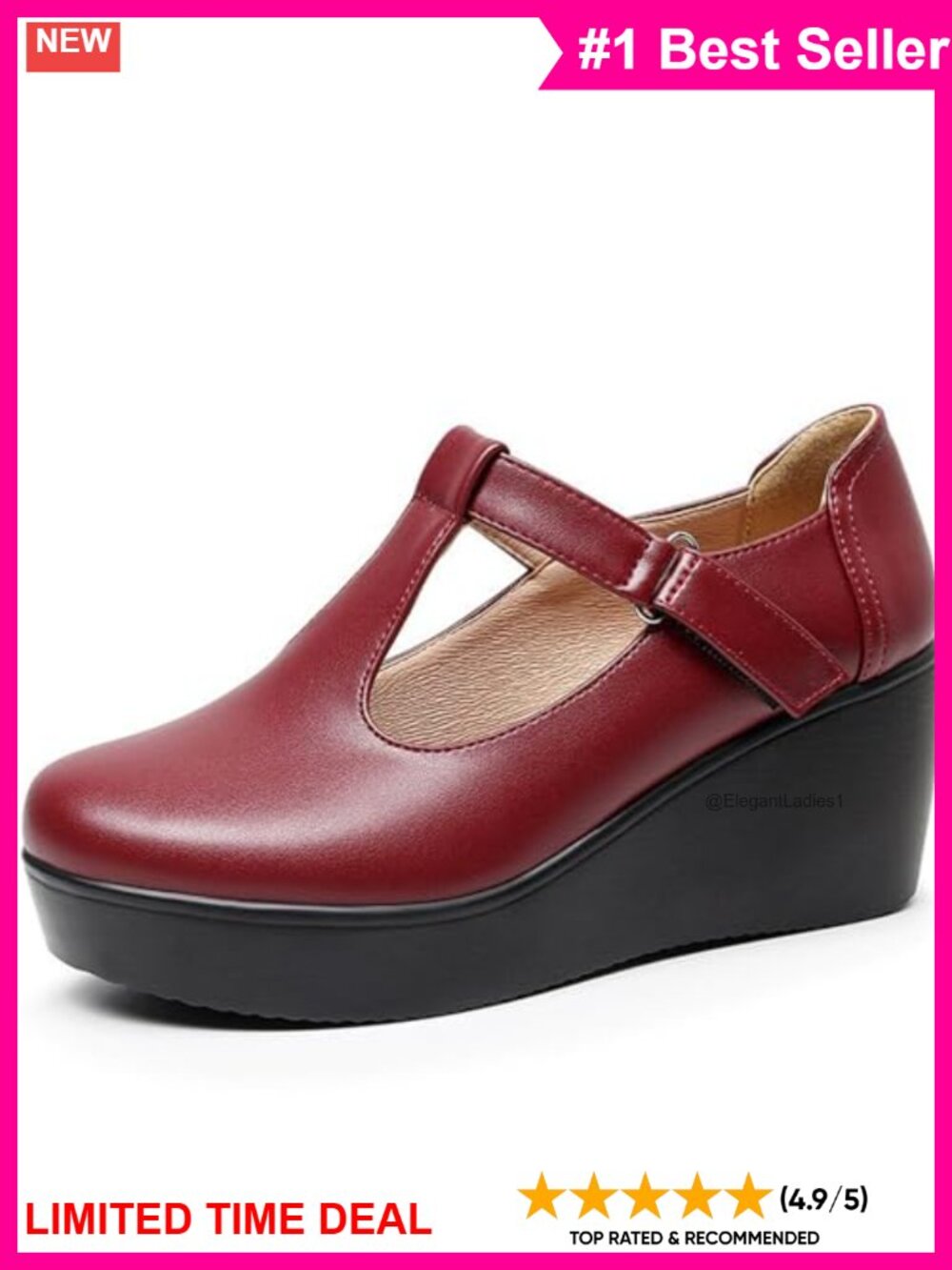 Womens Leather T-Strap Platform Wedge Mary Jane Shoes Non-Slip Comfort
